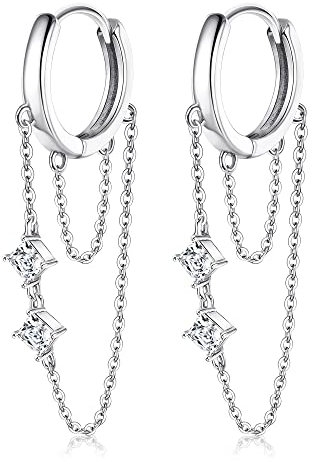 Orazio Silber 925 Creolen Ohrringe mit Anhänger für Damen und Mädchen - Cubic Zirkonia Quaste Baumeln mit Kette - Huggie Ohrringe in Gold und Silber