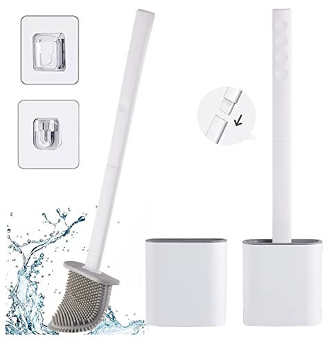 Pack de 2 Escobillas de baño Silicona – Escobilla WC Silicona con Soporte – Limpiadores Flexibles y Profundos de Inodoro – Escobillas, Porta Escobillas y Adhesivos (Blanco)