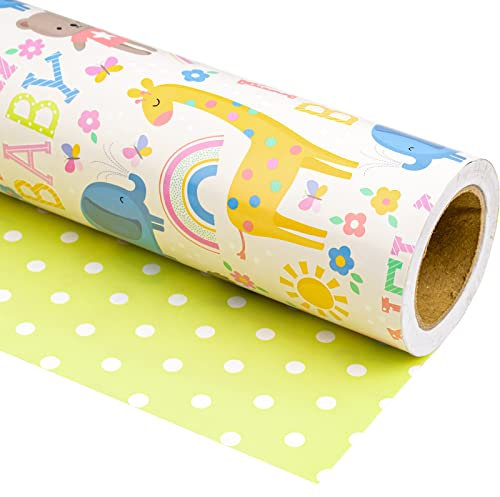 RUSPEPA Wendbares Geschenkpapier Für Babypartys – Mini-Rolle – 43,2 cm X 10 m – Tiere & „Neues Baby“-Design Für Geburtstag, Urlaub, Party