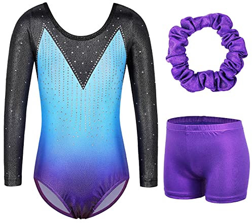 BAOHULU Gymnastikanzug für Mädchen Gymnastik Stickerei Glitzer Tumbling Shorts Hose, Bluepurple-Set mit Ärmeln, 5-6 Jahre