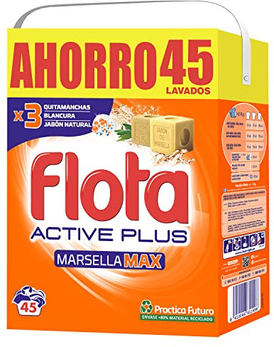 FLOTA | Marsella Max | Detergente Lavadora en Polvo | Ropa Blanca y de Color | Antimanchas y Antiolores | 45 Lavados