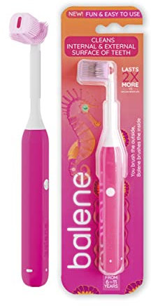 BALENE - Doppelseitige Kinderzahnbürste für Kinder, reinigt Innen- und Außenseite der Zähne, rotierender Bürstenkopf, antibakterielle Filamente, weiche Härte, Farbe Fuchsia