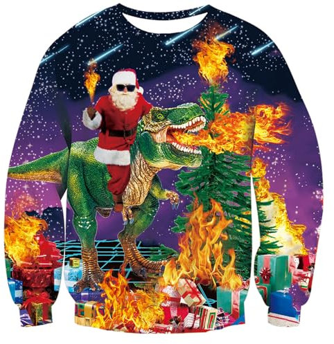 TUONROAD Mens Funny Graphic Dinosaur Fire Print Sweatshirts Long Sleeve Ugly Christmas Sweater S