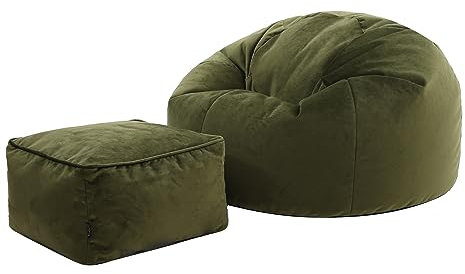 icon Kingston Velvet Bean Bag with Footstool, Olive Green, Large Adult Bean Bag Chair with Filling Included, Accent Chair, Pouffe Footstool, Living Room, Living Room Furniture, Bedroom Furniture