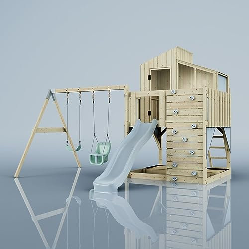 Rebo Spielturm mit Spielhaus inkl. Wellenrutsche, Kinder-Schaukel und Baby-Schaukel | Outdoor Klettergerüst Garten | Kletterwand und Kletterleiter | Stabile Konstruktion