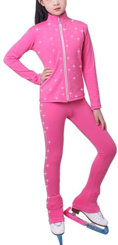 ROLTIN Warme Eiskunstlauf-Trainingsjacken und -hosen-Sets mit Strass für Mädchen und Damen, Schlittschuh-Strumpfhosen (Größe: 3XL, Farbe: Rosa)