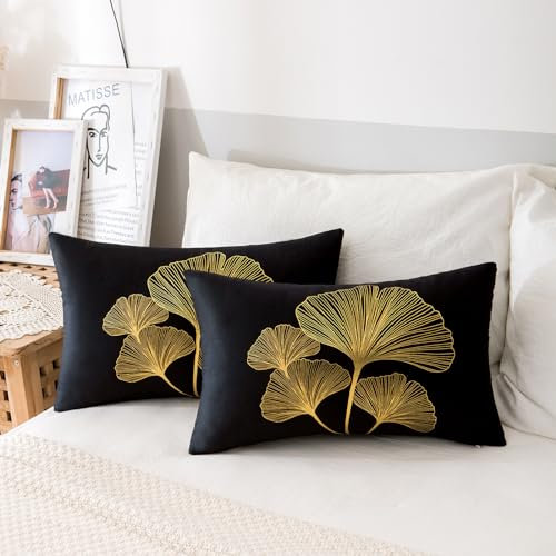 2er Set Kissenbezug Schwarz Kissenbezüge Ginkgo Biloba Samt Kissenbezug Moderne Zierkissenbezug Sofakissen Dekokissen Kissenhülle Set für Sofa Schlafzimmer Stuhl Auto Couchkissen 30x50cm