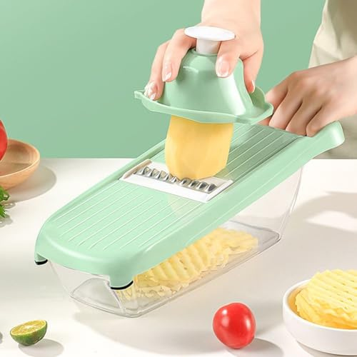 Multifunctional Vegetable Cutter Household Potato Slicer Shredder, Sturdy Handle, Mirror Polished, Durable and Long Lasting(绿色)
