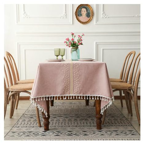 Gualiy Nappe Rectangulaire Polyester, Nappe de Table 110x170CM Nappe de Table Impermeable Petits Points avec Glands Nappe pour Ménage Cuisine Jardin Picnic Exterieur, Rose Or
