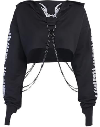XKBHYD Schwarz Crop Top Hoodie Frauen Sweatshirt Gothic Punk Grunge Drachen Gedruckt Harajuku Lose Sweatshirt Pullover Weibliche Top