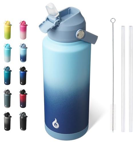 BJPKPK Water Bottle with Straw Lid, 32oz Vacuum Insulated Water Bottles, Metal Stainless Steel Thermos for Sports, Travel, BPA Free Leak Proof Thermos, Cups, Flasks, Tumblers,Sky