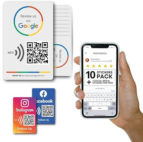 MESSAGENES Google QR-Code-Aufkleber, wiederverwendbar, intelligenter QR-Code und NFC, Packung mit 10 Einheiten, rechteckig 8,6 x 5,5 cm, Link ändern, wann immer Sie wollen, Google Decal Business