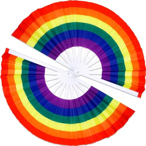 Temogole 2 Pack Large Pride Rainbow Fans Hand Fan Gay Fan Pride Month Festival Big Folding Fans Comrade LGBTQ Decorations Summer Rave Hand Fans for Women Men, White