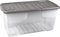 Strata 3 x 80 Litres Curve Plastic Stackable Storage Box & Lid with clip-on lids, 3 Pack, Multi storage box for home and office storage solution Clear Box, Grey Lid, (37cm H x 40cm W x 80cm D)