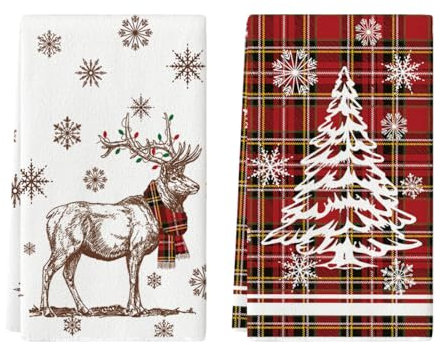 Artoid Mode Rot BüffelKaro Weihnachtsbaum Rentier Weihnachten Küchentücher Geschirrtücher, 42x65 cm Winter Christmas Deko Polyester Handtücher 2er Set
