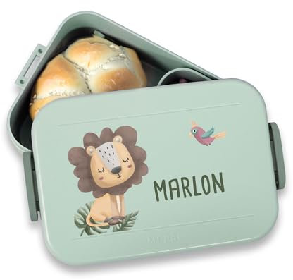 hellomini Mepal Brotdose - Personalisiert - Brotdose Kinder mit Fächern - Snackbox mit Fächern - Lunchbox, Bento Box Geschenk zu Einschulung - Einschulungsgeschenk (Löwe, Grün)