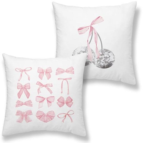 OGILRE Kissenbezug mit adretter Schleife, Kirsche, Rosa, Innenstadt, Mädchen, Raumdekoration, trendig, ästhetisch, niedlich, 45,7 x 45,7 cm, Discokugel-Kissenbezüge für Teenager, Sofa, Wohnheim (nur