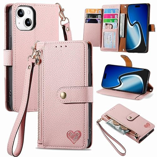 VEEMOS Zipper Wallet Case for Apple iPhone 15 Plus Phone Case with Purse Card Holders RFID Blocking Leather Flip Case Book Cover Wrist Strap Women - Pink