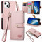 VEEMOS Zipper Wallet Case for Apple iPhone 15 Plus Phone Case with Purse Card Holders RFID Blocking Leather Flip Case Book Cover Wrist Strap Women - Pink