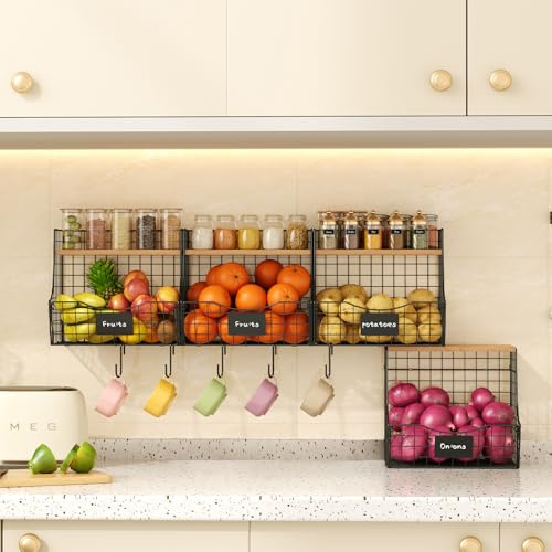 Obstkorb für die Küche mit Deckel, Theken- und Wandmontage, hängender Obstkorb, Kartoffel- und Zwiebelaufbewahrung, Metalldraht, Obst- und Gemüseaufbewahrung, Snack-Organizer, 4 Stück (klein und groß)