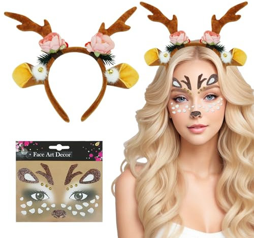 NebulaGlam Serre Tete Renne + Autocollants Visage de Renne, Serre-tête de Renne en Bois de Cerf, Serre Tete Renne Accessoire Noel, Serre Tete Noel Femme Accessoires Noel, pour Halloween, Carnaval (A)