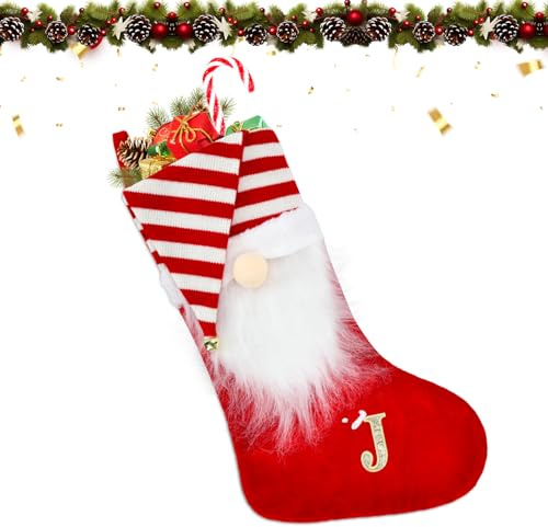 VReder Christmas Stockings, 22inch Personalised Monogram Xmas Stockings, Red Knitted Santa Hat Classic Stockings Stuffers for Xmas Gift Tree Decoration (J)