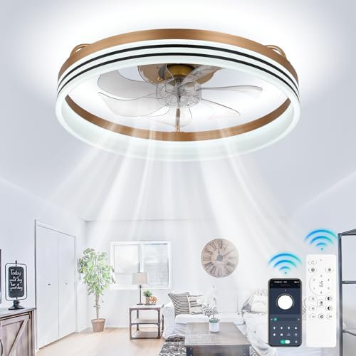 Cainjiazh Ceiling Fans with Lights Fandelier Modern Ceiling Fan Dimmable Low Profile Ceiling Fan Flush Mount Bladeless Chandelier Fan Ceiling Fan Lights for Bedroom Kitchen and Living Room(50cm Gold)