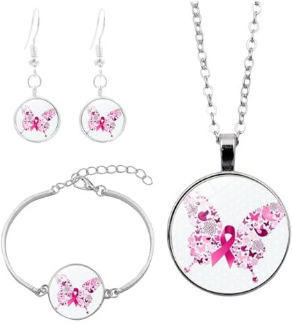 DaPongZhi Ensemble de Bijoux Pour Sensibilisation au Cancer du Sein,Octobre Rose 2025 Accessoires,Collier,Bracelet et 1 Paires de d'oreilles,Bijoux de Sensibilisation au Cancer du Sein