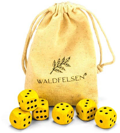 Waldfelsen 6, 12, 20, 30 o 50 dadi in legno di faggio di alta qualità in vero cubo per gli occhi in legno da 16 mm con sacchetto di stoffa (giallo, 6 pezzi)