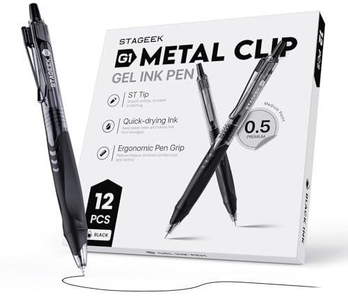 STAGEEK 12 STÜCK Gel Kugelschreiber 0,5 mm stift Mittelspitze – Schwarze Druckkugelschreiber mit Geltinte, Schreibset für Schule/Büro/Tagebuch – Kugelschreiber Hochwertig (Schwarz)