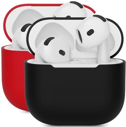 Mocarheri Silikon Hülle Schutzhülle Kompatibel mit AirPods 4 Gen (2024), Ultra-dünnes, Silikon Stoßfeste Weiches Schutzhülle für AirPods 4, Front-LED Sichtbar, Rot/Schwarz(2 Stück)