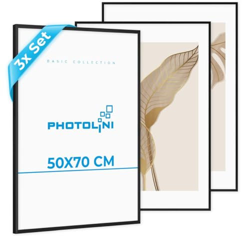 PHOTOLINI Bilderrahmen 50x70 Schwarz 3er Set, Kunststoff Puzzle Rahmen 50x70 Schwarz zum Aufhängen, Picture Frame 70x50 mit Acrylglas & extra Zubehör, Fotorahmen für Meisterbrief, Urkunden, Fotos
