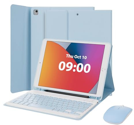 MAYPHY Keyboard Case with Mouse for iPad 9th/8th/7th Generation 10.2 inch, iPad Air 3/Pro 10.5 inch, Detachable Keyboard Case, with Pen Holder, Wireless Mouse, UK Layout, Blue