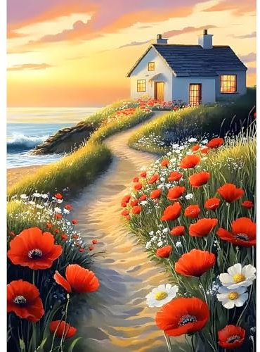 MXJSUA Casa de Flores Playa Diamond Painting, Pintura Diamante Kit Manualidades Adultos, Diamond Painting Adultos Dibujos con Diamantes para la Decoración de la Pared del Hogar 30x40 cm