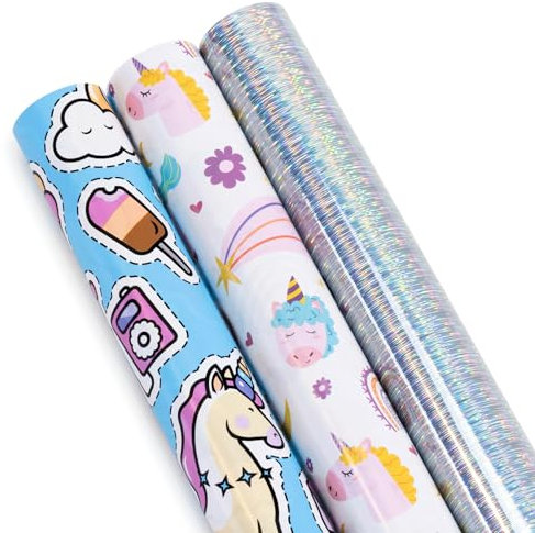3 Rollen Einhorn Geschenkpapier Geburtstag Rolle für Mädchen Geschenkpapier Geburtstag - 43cm x 3 m Pro Rolle
