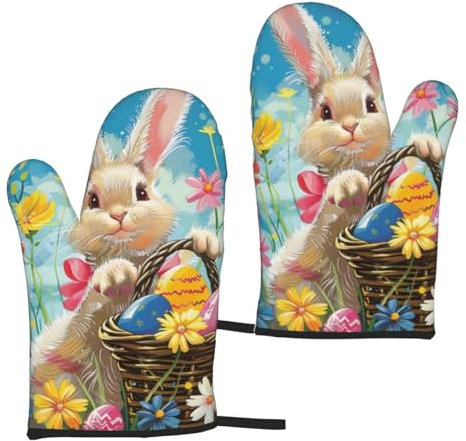 Spring Happy Festival Holiday bedruckte Ofenhandschuhe, hitzebeständig, wasserdicht, Grillhandschuhe zum Kochen, Backen, Grillen, 2 Stück