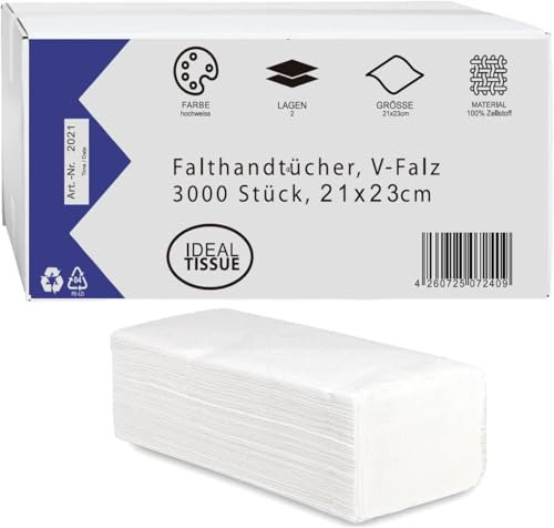 LUCY Hygiene - IDEAL TISSUE - Papierhandtücher V-Falz | 2-lagig, 21x23cm | 2400 Blatt | 100% Zellstoff, Hochweiß | sehr saugstark, reißfest & weich |Optimal für V-Falz/ZZ-Falz Handtuchspender