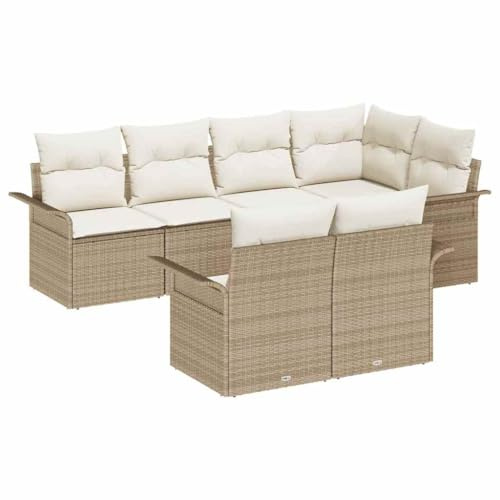 vidaXL Garten-Sofa-Set mit Kissen 7 pcs Beige Poly Rattan, Garten und Terrasse, modernes Design, verstellbare Füße, wetterfester Couch, Rattan Set, 7-teiliges Outdoor Sofa