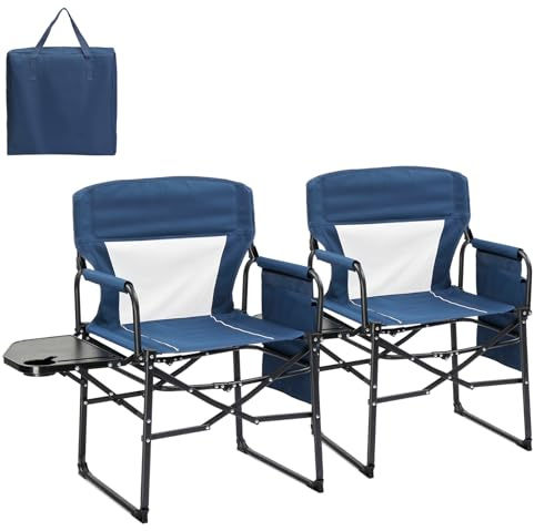 Bonnlo Camping Chairs for Adults Heavy Duty, Folding Directors Chair (2pc) | With Side Table, Cup Holder, Storage Pocket, Supports Up to 120KG, Portable for Outdoor Garden Fishing Festival BBQ (Blue)