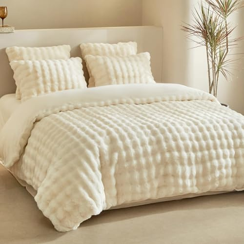 Lekesky Beige Super King Duvet Cover Sets Fluffy Bedding - Shaggy Faux Fur Fleece Super King Duvet Set (1x Quilt Cover + 2x Pillowcases) Soft Warm Teddy Fleece Bedding Set 260x220 cm, Beige