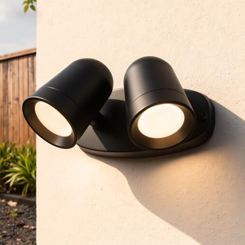 JNR Aussenlampe Wand, Doppel Strahler 330°Schwenkbar, Schwarz | Einstellbarer Beleuchtungswinkel, IP65 Wasserdichte 230V Aluminium Außenlampe, 2*5W GU10 3000K LED Glühbirne Wandleuchte