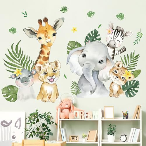 fufuquare Karikatur Märchen Dschungel Tier Wandtattoo mit Tropischen Blättern, Abziehen und Aufkleben Selbstklebende Wandaufkleber für Kinderzimmer, Säuglingsheim, Kindertagesstätte