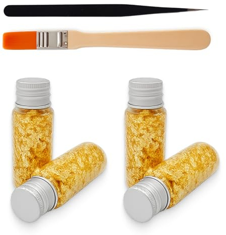 Blattgoldblätter, 24Karat Goldflocken in 4 Flaschen, Kommt mit Pinzette und Bürste, für Desserts, Tortendeko Hochzeit, Gebäck und Bastelprojekte, Dieses Produkt dient ausschließlich Dekorationszwecken