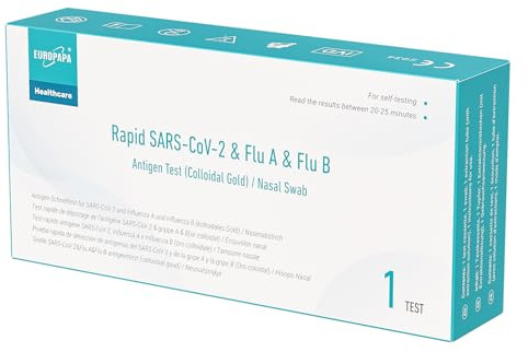 EUROPAPA 1x Corona Laientest Schnelltest und Grippe Test auf Covid-19 und Influenza A/B, Antigentest Selbsttest SARS-CoV-2 Flu A Flu B 3in1 Combo Rapid Test Cassette, für Zuhause, Einzelverpackt