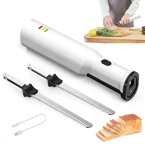 Couteau à découper la viande électrique, trancheuse à viande rechargeable sans fil avec 2 lames en acier inoxydable, système de dégagement rapide 2S, faibles vibrations et bruit