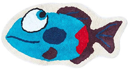 Homescapes Kinderteppich, Blauer Fisch, Bunter Teppich, Vorleger 40 x 75 cm. Farben: Blau und Weiß. Geeignet für Badezimmer oder Kinderzimmer
