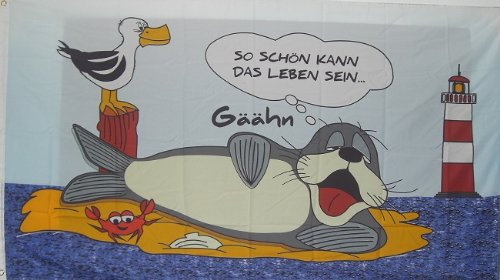 FRIP –Versand Strandfahne So schön kann das Leben Sein Robbe Möwe Leuchtturm Fahne Flagge Größe 1,50x0,90m