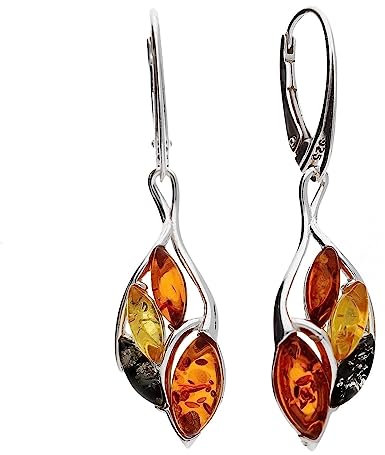 Warped Teardrop Mixed Baltic Amber Lever Back Fancy Dangly/Dangle Drop Silver Earrings for Women/Ladies/Girls - 925 Sterling Silver - Amber Jewellery for Women. 070238