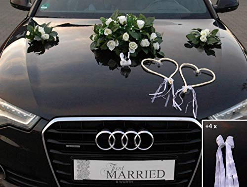 ECHTER ROSESTRAUSS Autoschmuck Braut Paar Rose Deko Tauben Herze Dekoration Hochzeit Car Auto Wedding Deko (Weiß+Herzen+Tauben)