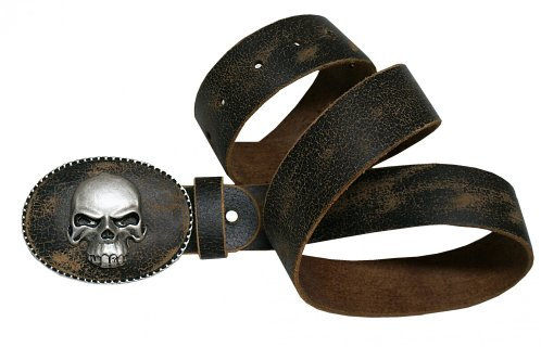 Gürtel Trachtengürtel Trachten-Lederhose Jeans Biker Ledergürtel Leder braun Antik-Patina Leder Damen Herren Schnalle echt versilbert Totenkopf Skull, Größe/Länge:110